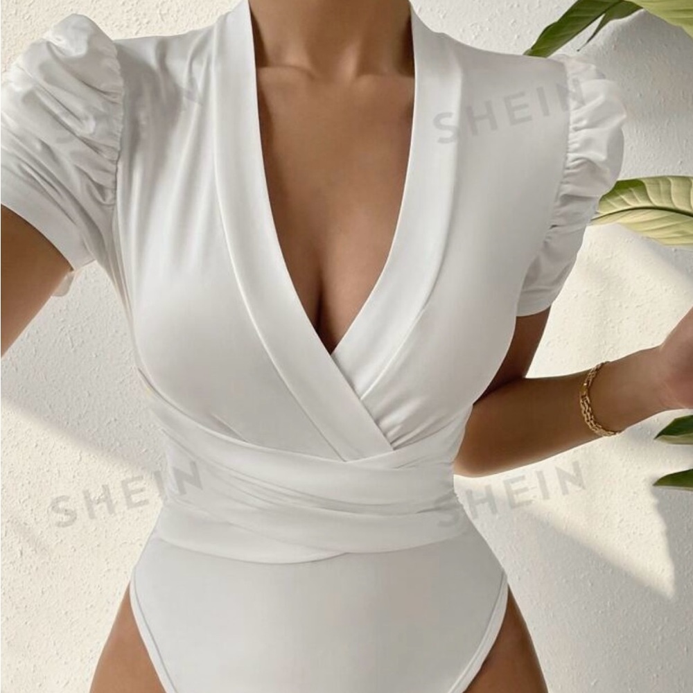 SXY Puff Sleeve Plunging Neck Wrap Cross Bodysuit
